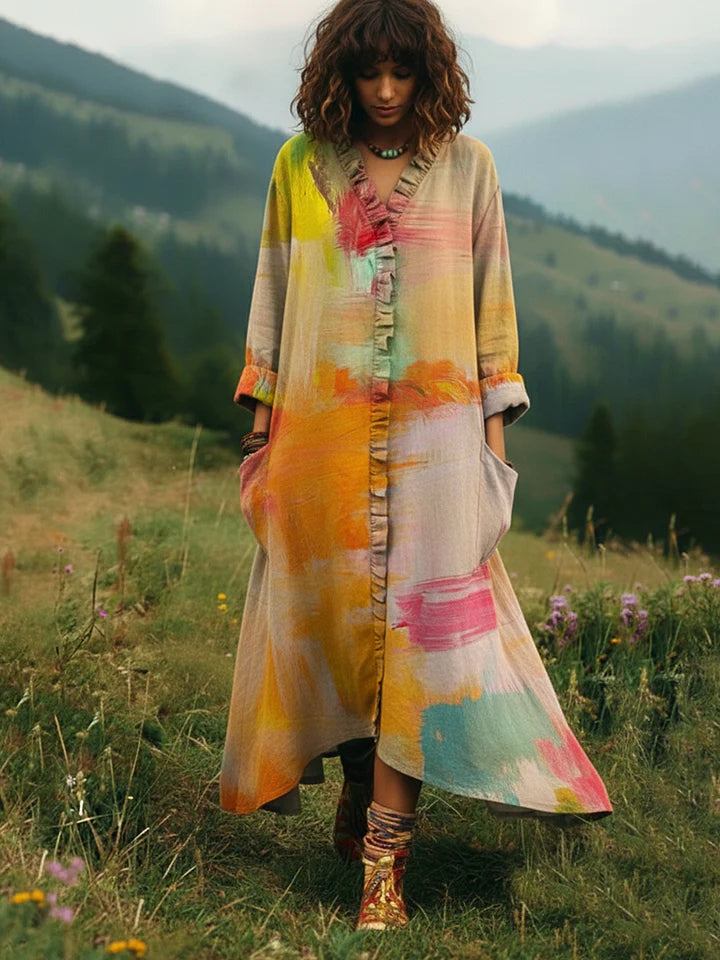 Relaxed V-Neck Ruffle Hem Maxi Dress with Pockets