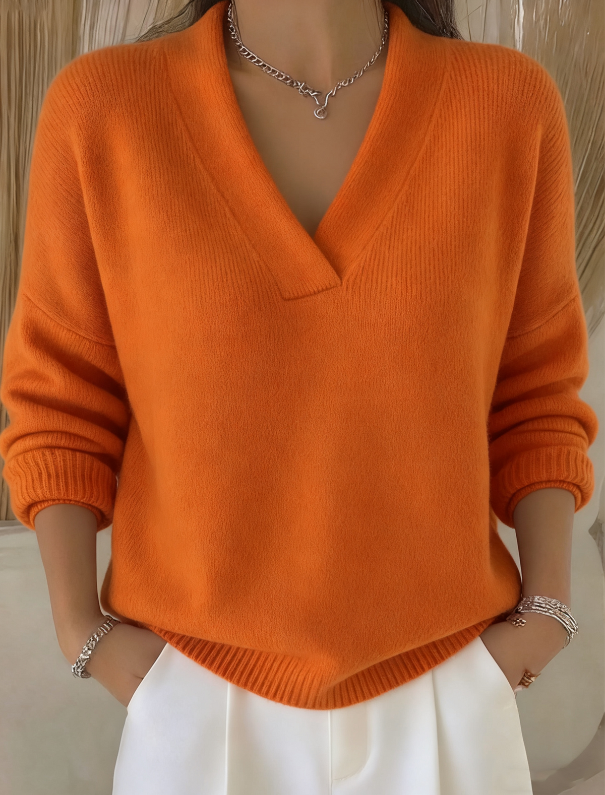 Women's Casual Solid Color V-neck Sweater Top