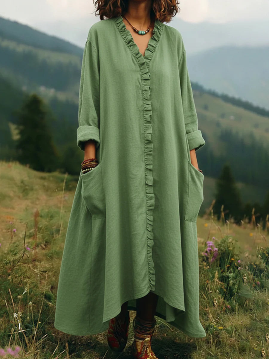 Linen-Feel Ruffle-Trim V-Neck Pocket Maxi Dress