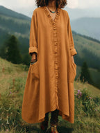 Linen-Feel Ruffle-Trim V-Neck Pocket Maxi Dress