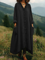 Linen-Feel Ruffle-Trim V-Neck Pocket Maxi Dress