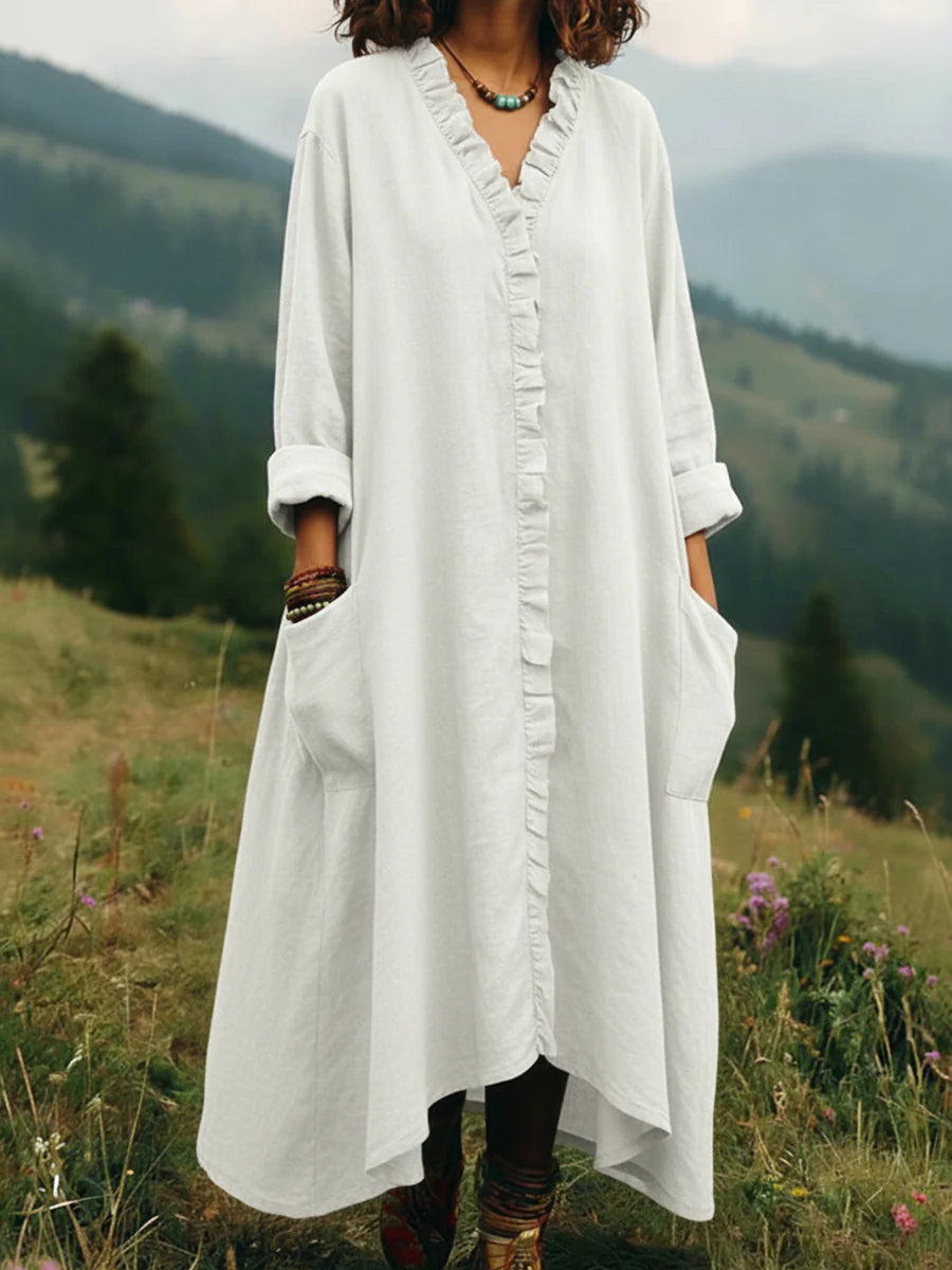 Textured Cotton V-Neck Ruffle-Trim Maxi Dress with Pockets