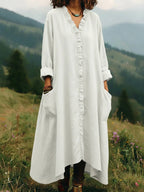 Relaxed V-Neck Ruffle-Trim Midi/Maxi Pocket Dress