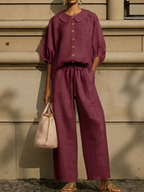 New Arrivals🔥Stylish Peter Pan Collar Shirt And Wide-leg Pant Linen Two-piece Set
