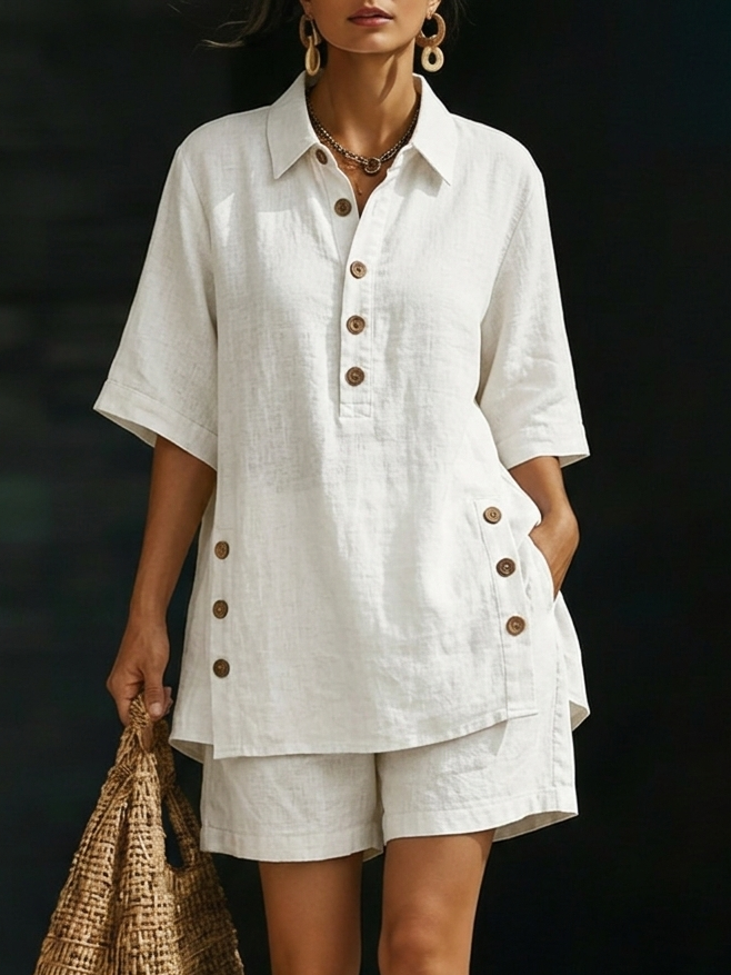 Cozy Loose-fitting Button Shirt And Shorts Linen Two-piece Set