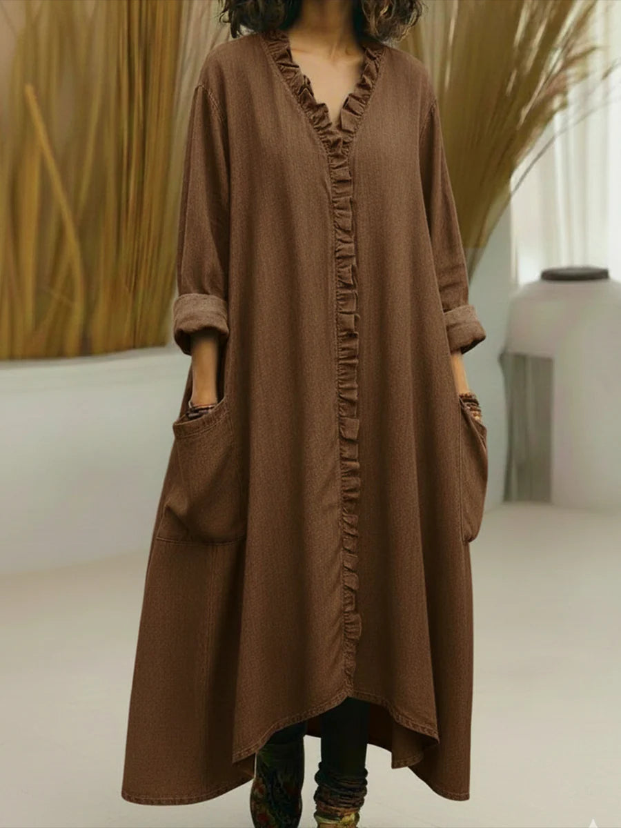 Soft Washed V-Neck Ruffle-Trim Pocket Maxi Dress