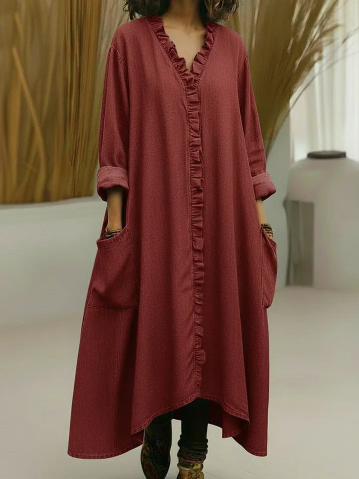 Soft Washed V-Neck Ruffle-Trim Pocket Maxi Dress