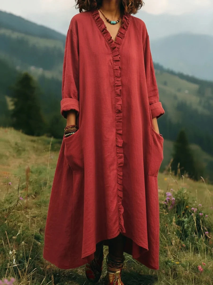Casual Ruffle-Trim V-Neck Long Dress with Pockets