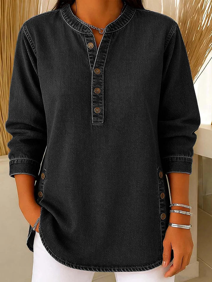 Clearance Sale! 🔥 Women's Denim Stand Collar Half-Button Long Sleeve Loose Casual Denim Shirt