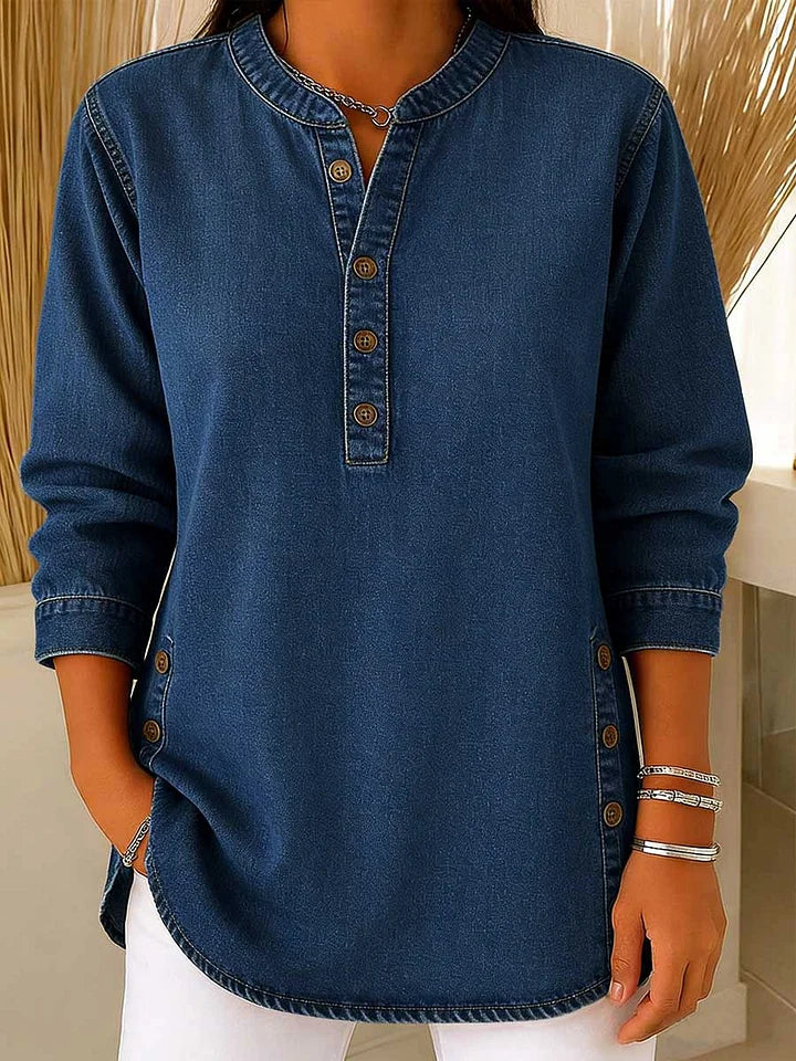 Clearance Sale! 🔥 Women's Denim Stand Collar Half-Button Long Sleeve Loose Casual Denim Shirt