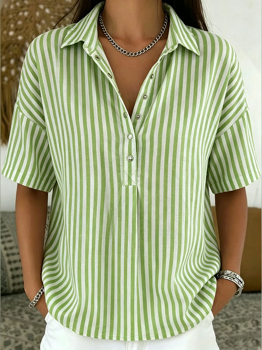 Casual Striped Polo Collar Snap Buttons Cotton-linen Shirt